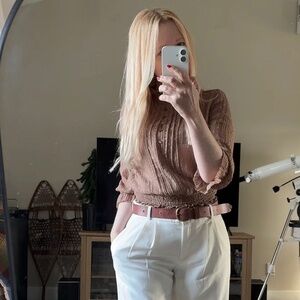 Ruffle neck 3/4 sleeve sheer top